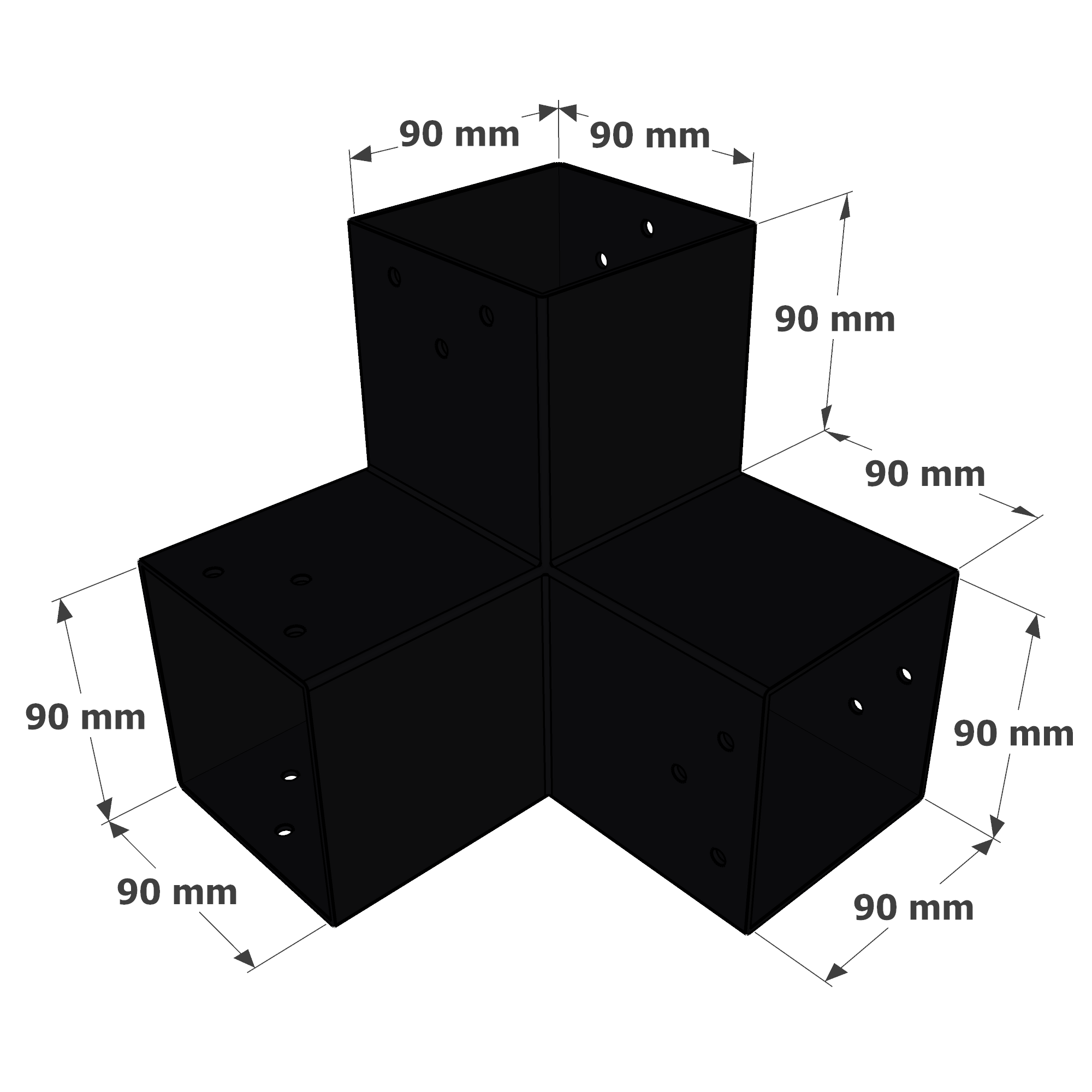 Abmessungen des SUNDIY Steckers Matt Schwarz RAL 9005 - 90mm in 3 Richtungen - L-Form