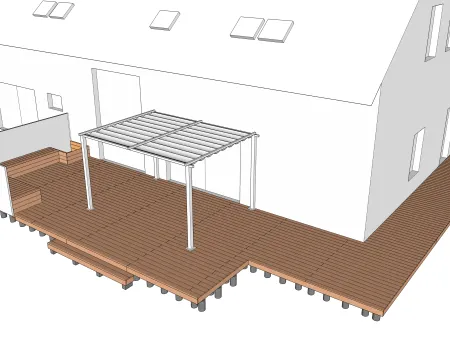 Holzterrasse auf Betonsockel + Bänke und Pergola