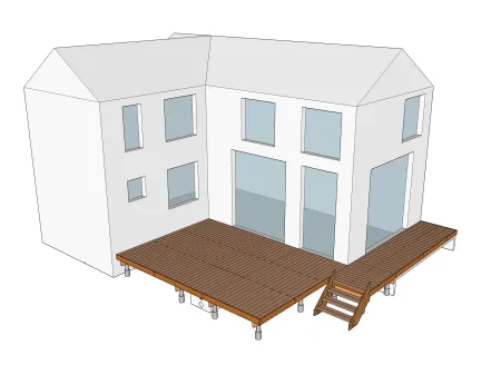 Holzterrasse auf Unterzugalken und Betonplatte mit Treppe