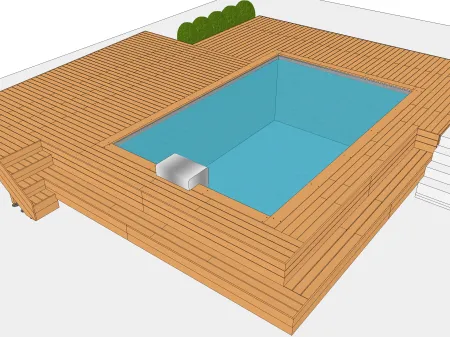 Holzterrasse um ein rechteckiges Holzschwimmbecken auf einer Fundamentschraube