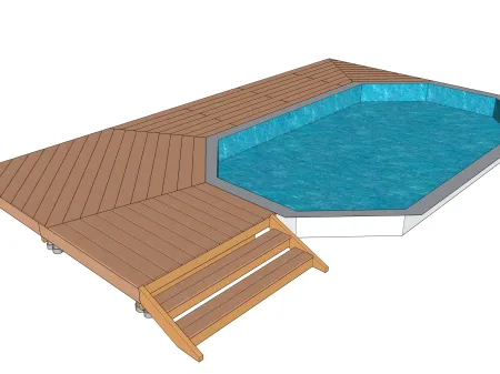 Holzterrasse auf Unterzugbalken für einen achteckigen Pool