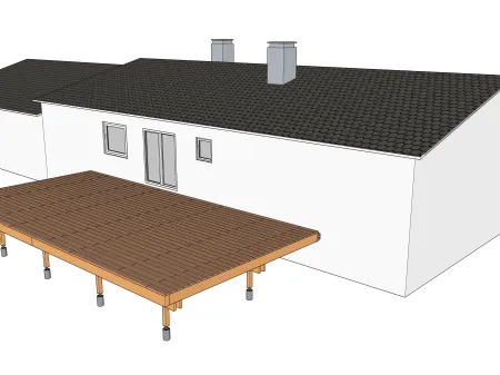 Holzterrasse auf Ständerwerk, die an ein Gebäude angelehnt ist
