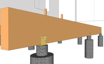 Details der Befestigungen der Unterzugbalken auf den Betonsockel 