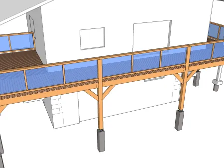 Holzterrasse auf Ständerwerk, die als Geländer dient