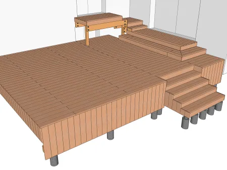 Holzterrasse auf einer gemischten Struktur: Unterzugbalken und Ständerwerk + vertikale Kanten