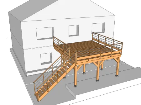 Rechteckige Holzterrasse auf Ständerwerk mit Treppe