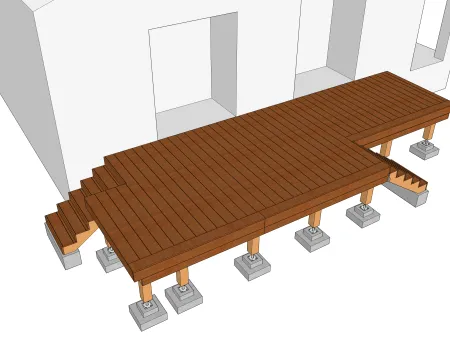 Holzterrasse auf Ständerwerk, die von zwei Treppen bedient wird