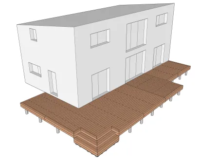 Holzterrasse im rechten Winkel auf Unterzugbalken mit einer Reihe von Treppen