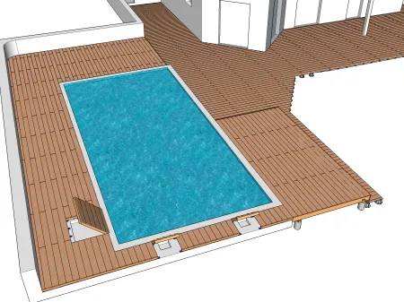 Holzterrasse mit Hybridstruktur um einen rechteckigen Swimmingpool