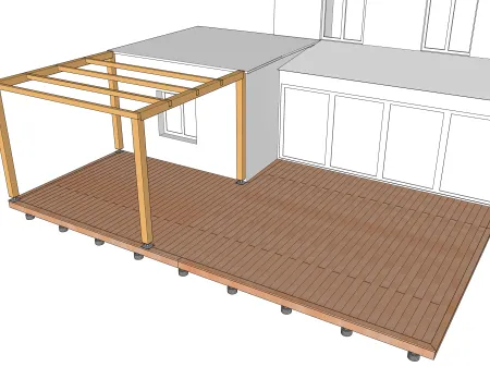 Holzterrasse auf gemauerten Sockel mit Pergola