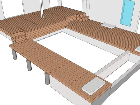 Holzterrasse auf Betonplatten + Überhang und Schwimmbad 