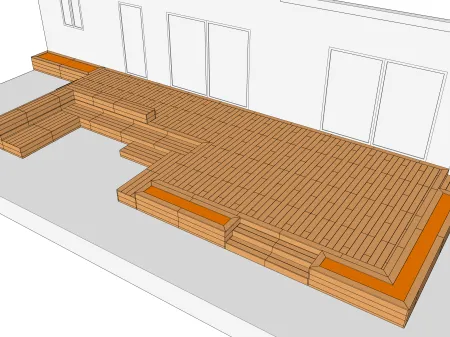 Holzterrasse auf Unterzugbalken mit Bänken und Pflanzkübel
