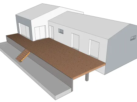 Holzterrasse auf Unterzugbalken und niedrigen Wänden