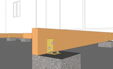 Details der Befestigungen der Unterzugbalken an den Betonsockel