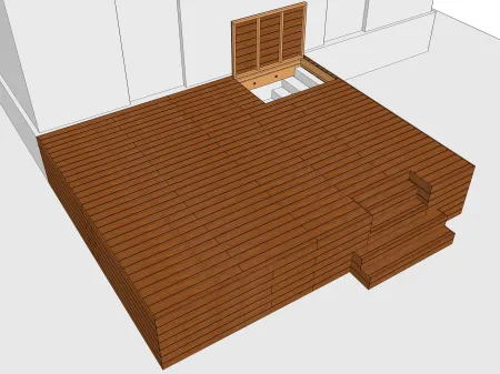 Terrasse auf Unterzugbalken, die einen Zugang zu einem Keller + Falltür abdeckt