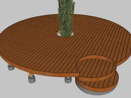 Runde Holzterrasse auf Ständerwerk, die eine Zypresse umgibt