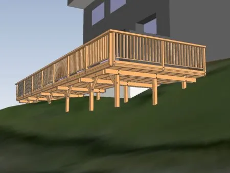 Terrasse auf Ständerwerk : Dielenbelag senkrecht zur Fassade