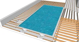 Die Installation der Lagerhölzer auf der Betonplatte um das Schwimmbad