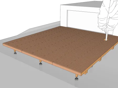 Rechteckige Holzterrasse auf Ständerwerk auf abfallendem Gelände