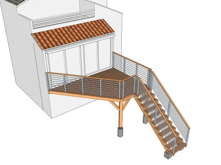 Trapezförmige Holzterrasse auf Ständerwerk mit Treppe