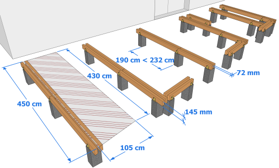 Holzterrasse auf trapezförmigen Unterzugbalken (mit ...